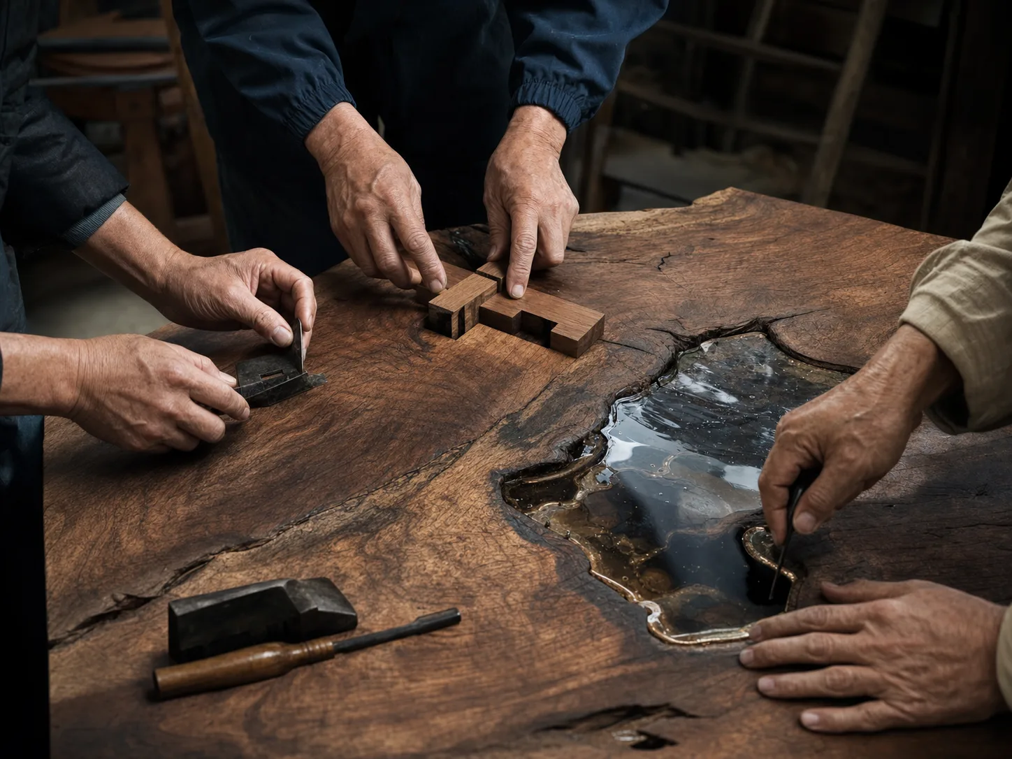 Craftspeople collaborating around a single slab of wood