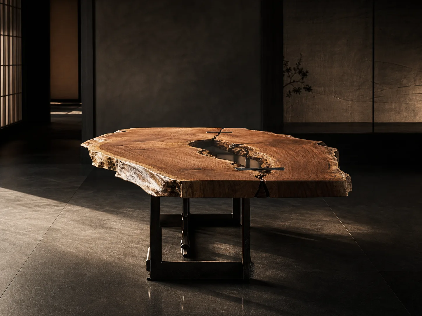 A one-of-one slab table standing as art in a quiet space