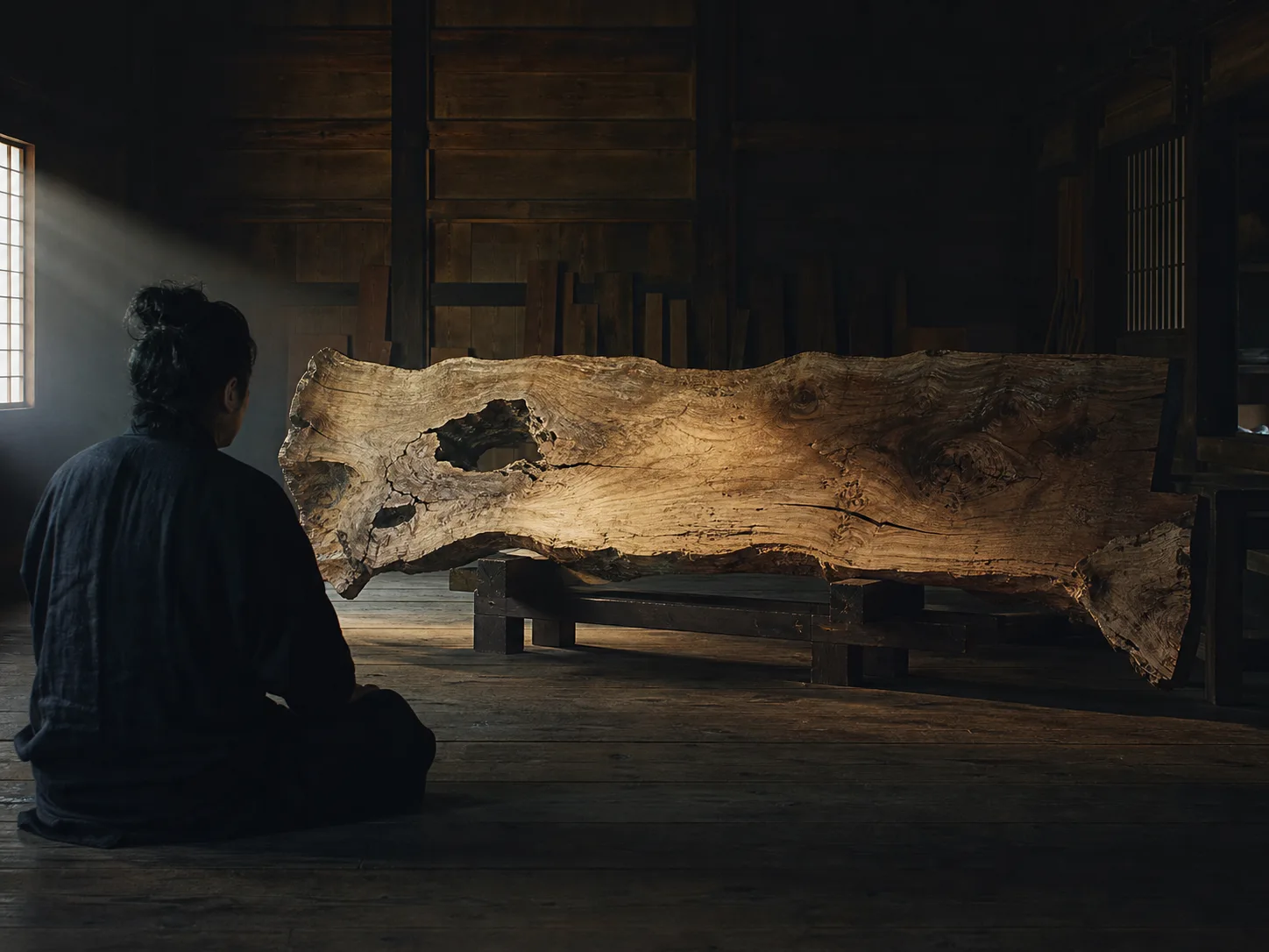 An artist quietly facing an ancient slab of wood